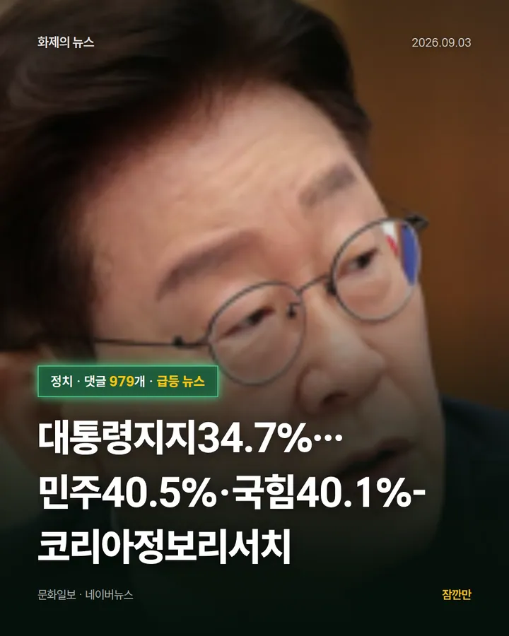 [속보]대통령지지34.7%…민주40.5%·국힘40.1%-코리아정보리서치